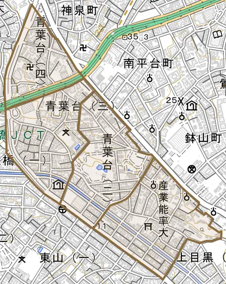 青葉台とその周辺の地図。町の範囲を重ねている