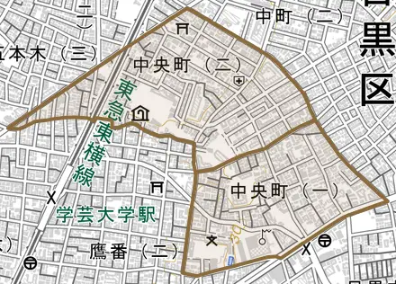 中央町とその周辺の地図。町の範囲を重ねている