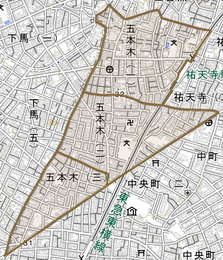 五本木とその周辺の地図。町の範囲を重ねている