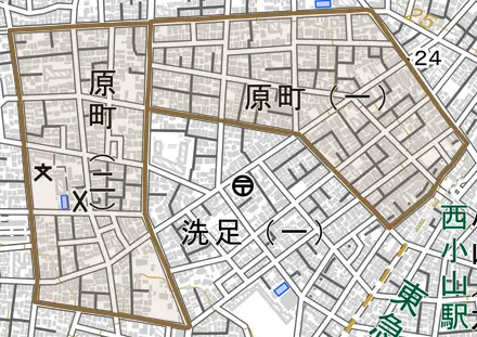 原町とその周辺の地図。町の範囲を重ねている