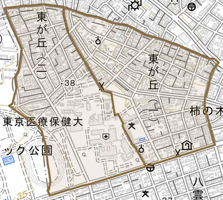 東が丘とその周辺の地図。町の範囲を重ねている