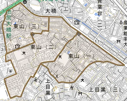 東山とその周辺の地図。町の範囲を重ねている