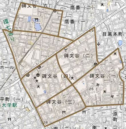 碑文谷とその周辺の地図。町の範囲を重ねている