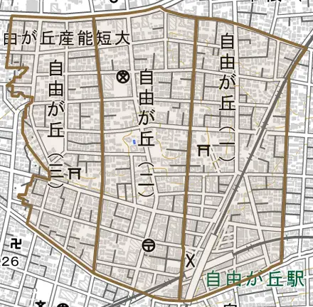 自由が丘とその周辺の地図。町の範囲を重ねている
