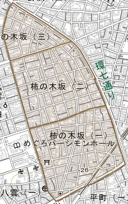 柿の木坂とその周辺の地図。町の範囲を重ねている