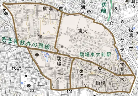 駒場とその周辺の地図。町の範囲を重ねている