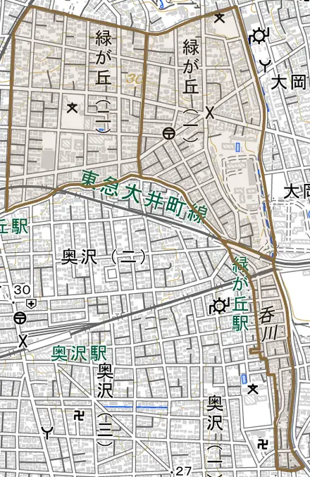 緑が丘とその周辺の地図。町の範囲を重ねている