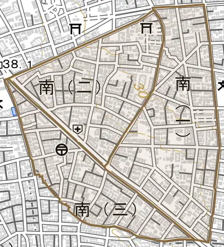 南とその周辺の地図。町の範囲を重ねている