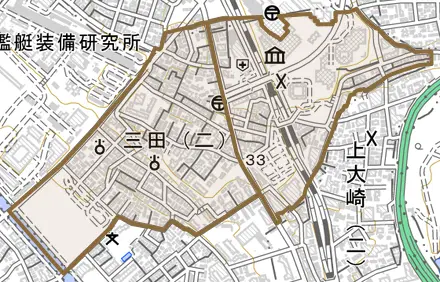 三田とその周辺の地図。町の範囲を重ねている