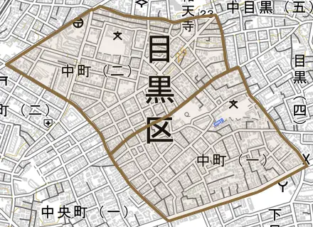 中町とその周辺の地図。町の範囲を重ねている