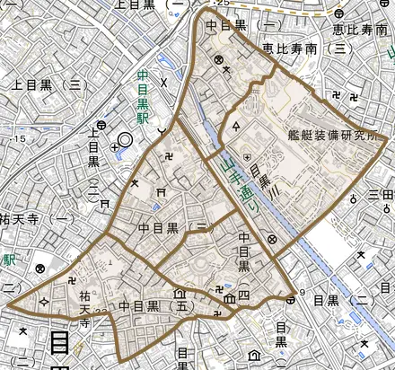 中目黒とその周辺の地図。町の範囲を重ねている