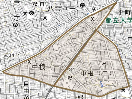 中根とその周辺の地図。町の範囲を重ねている