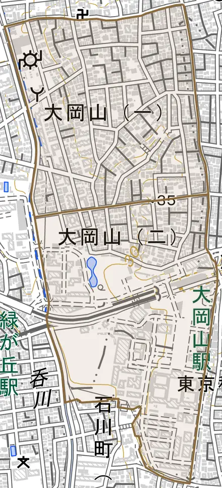 大岡山とその周辺の地図。町の範囲を重ねている