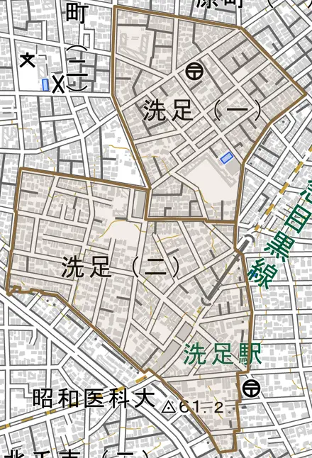 洗足とその周辺の地図。町の範囲を重ねている