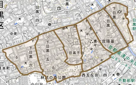 下目黒とその周辺の地図。町の範囲を重ねている