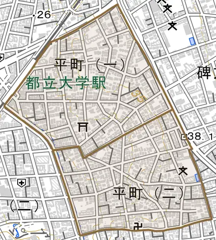 平町とその周辺の地図。町の範囲を重ねている
