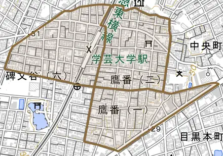 鷹番とその周辺の地図。町の範囲を重ねている