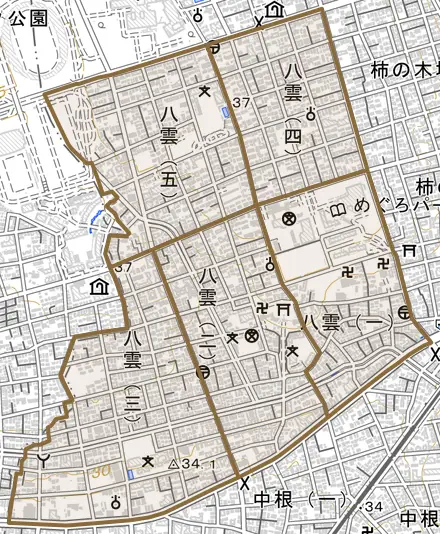 八雲とその周辺の地図。町の範囲を重ねている