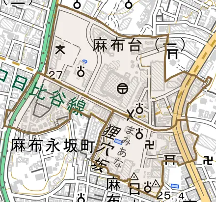 麻布台とその周辺の地図。町の範囲を重ねている