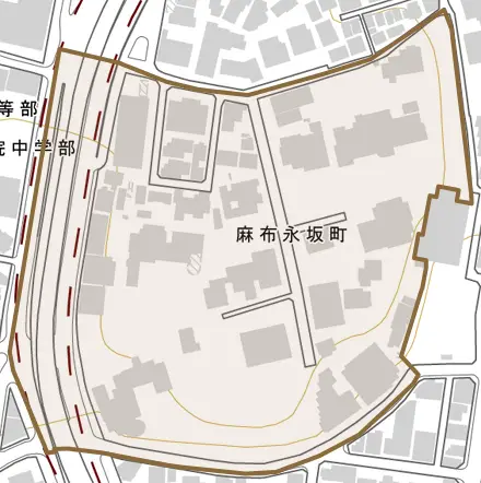 麻布永坂町とその周辺の地図。町の範囲を重ねている
