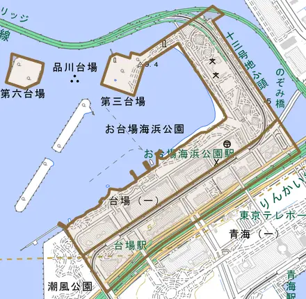 台場とその周辺の地図。町の範囲を重ねている