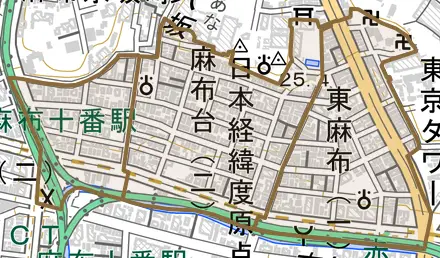 東麻布とその周辺の地図。町の範囲を重ねている