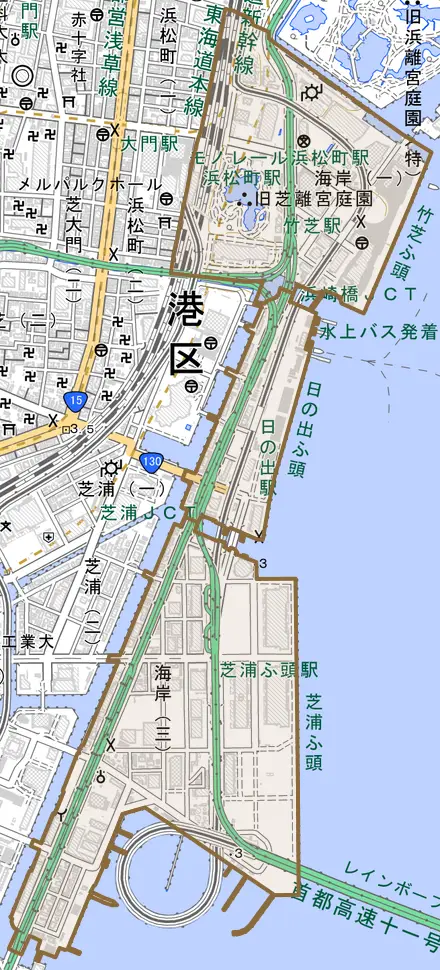 海岸とその周辺の地図。町の範囲を重ねている