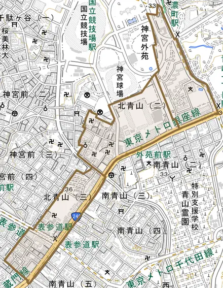 北青山とその周辺の地図。町の範囲を重ねている