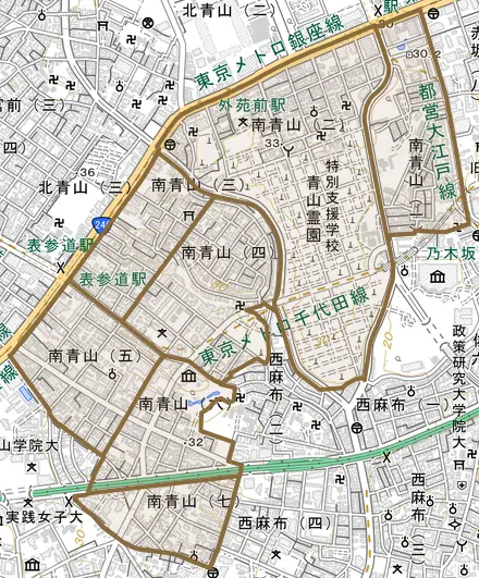 南青山とその周辺の地図。町の範囲を重ねている