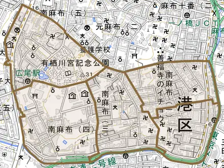 南麻布とその周辺の地図。町の範囲を重ねている