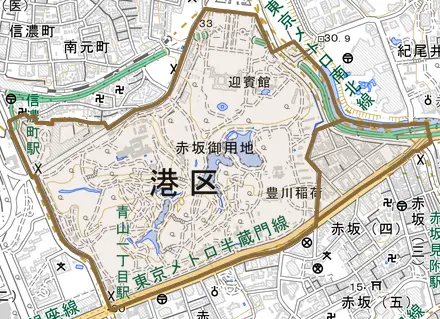 元赤坂とその周辺の地図。町の範囲を重ねている