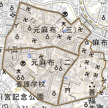 元麻布とその周辺の地図。町の範囲を重ねている