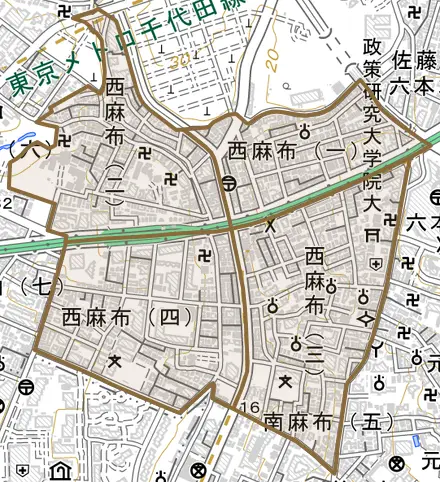 西麻布とその周辺の地図。町の範囲を重ねている