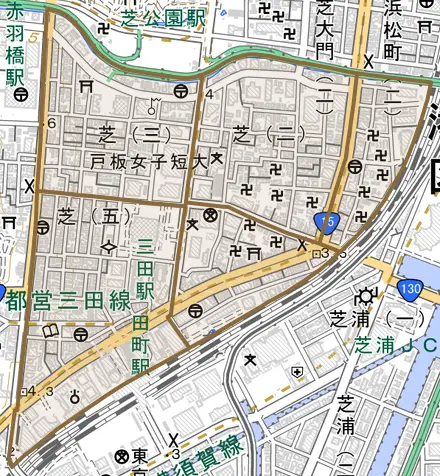 芝とその周辺の地図。町の範囲を重ねている
