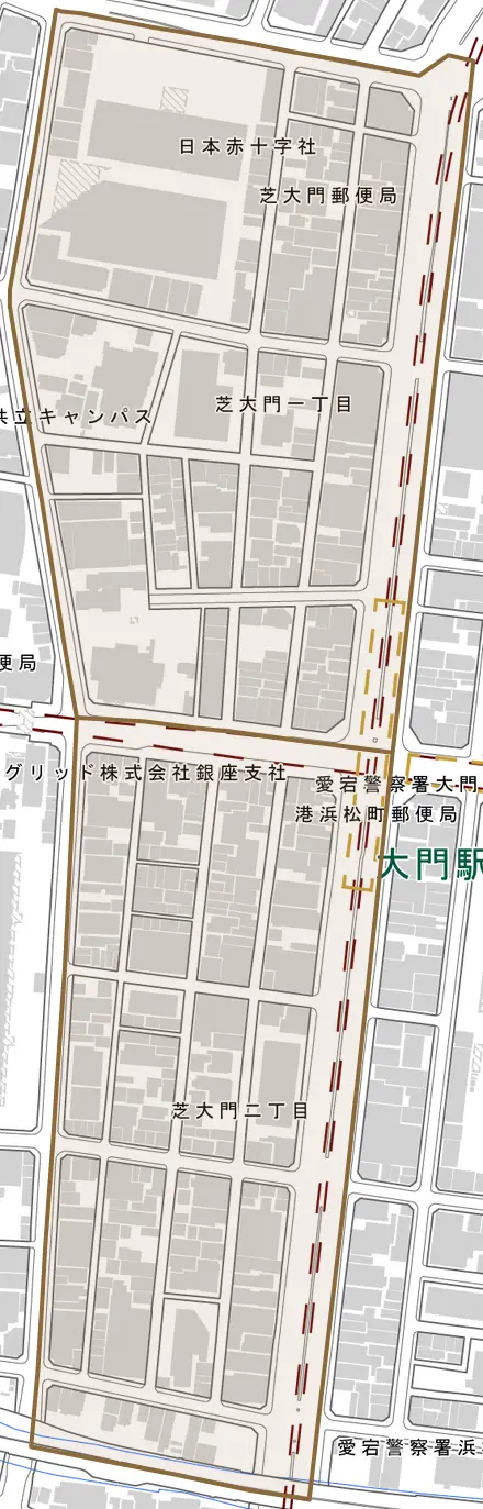 芝大門とその周辺の地図。町の範囲を重ねている