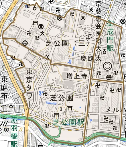 芝公園とその周辺の地図。町の範囲を重ねている