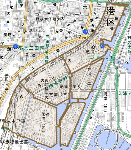 芝浦とその周辺の地図。町の範囲を重ねている