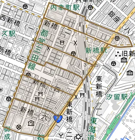 新橋とその周辺の地図。町の範囲を重ねている
