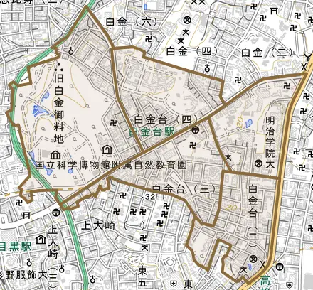 白金台とその周辺の地図。町の範囲を重ねている
