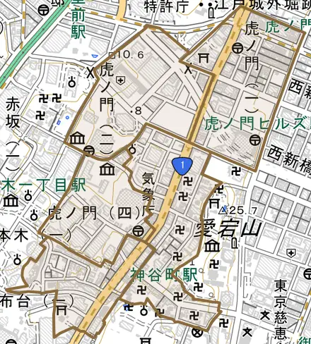 虎ノ門とその周辺の地図。町の範囲を重ねている