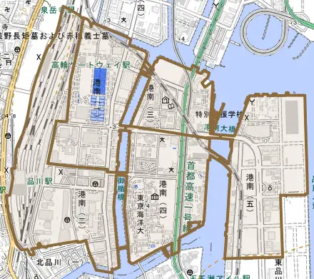 港南とその周辺の地図。町の範囲を重ねている