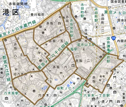 赤坂とその周辺の地図。町の範囲を重ねている