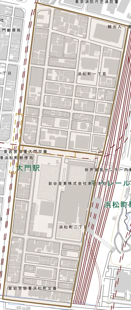 浜松町とその周辺の地図。町の範囲を重ねている