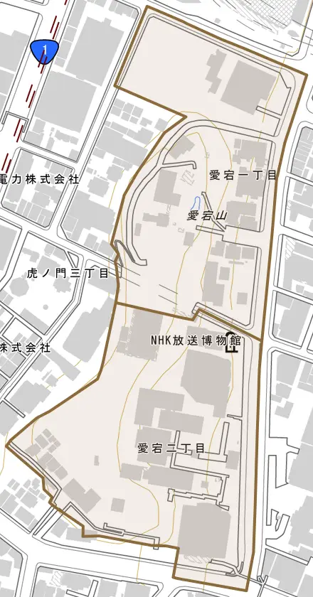 愛宕とその周辺の地図。町の範囲を重ねている