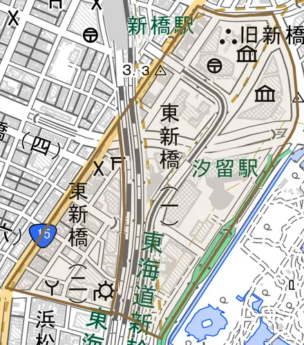 東新橋とその周辺の地図。町の範囲を重ねている