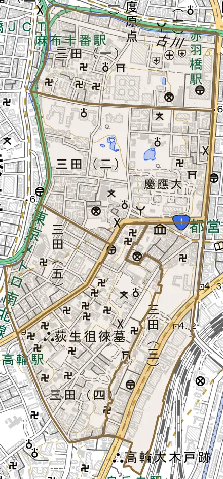 三田とその周辺の地図。町の範囲を重ねている