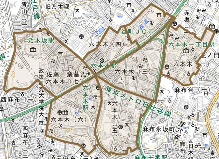 六本木とその周辺の地図。町の範囲を重ねている