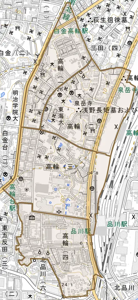 高輪とその周辺の地図。町の範囲を重ねている