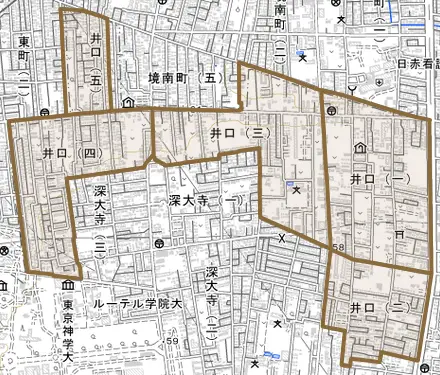 井口とその周辺の地図。町の範囲を重ねている