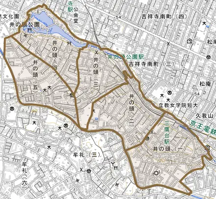井の頭とその周辺の地図。町の範囲を重ねている